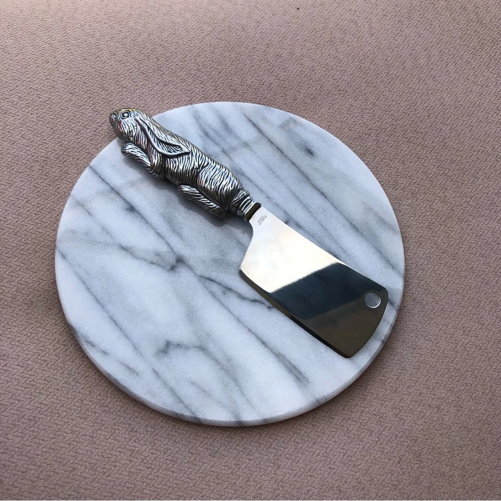 Arthur Court Vintage Bunny Rabbit Marble Cheese Board & Cutter + 4 Spread Knives